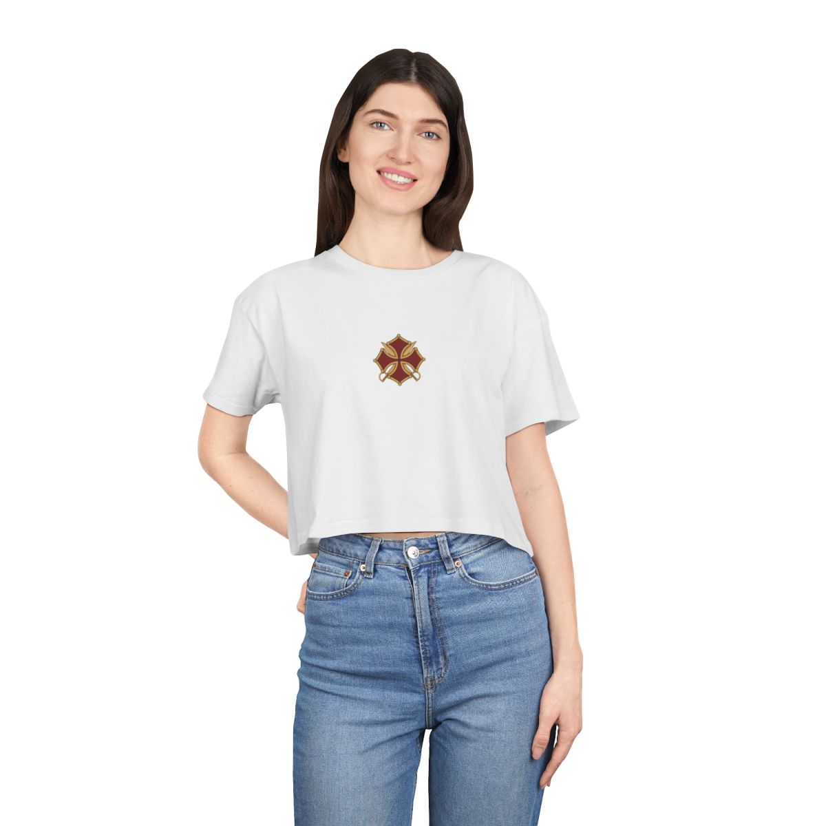 Women's Sabre Cross Crop Tee, on person
